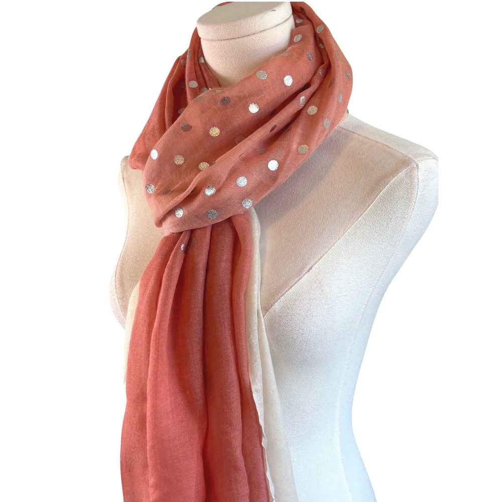 Gauzy Coral Pink Cream Gradient Ombre Scarf Wrap Silver Metallic Polka Dots